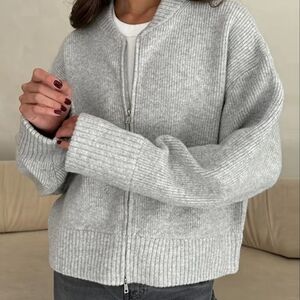 Knit Women Cardigan Casual Full Sleeve Zipper O Neck Pleated Lady Sweater